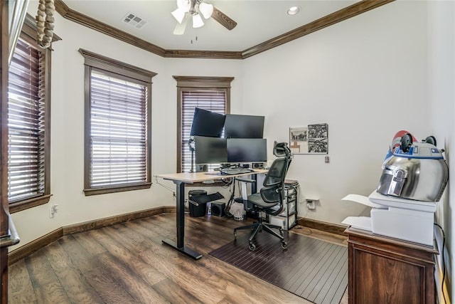 15936 SW 12th St, Yukon, OK 73099 - office space with a ceiling fan, wood finished floors, ornamental molding, and recessed lighting