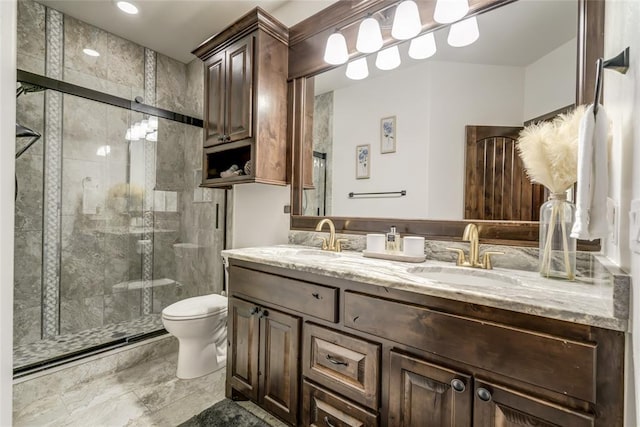 15936 SW 12th St, Yukon, OK 73099 - bathroom featuring double vanity, a shower stall, and recessed lighting