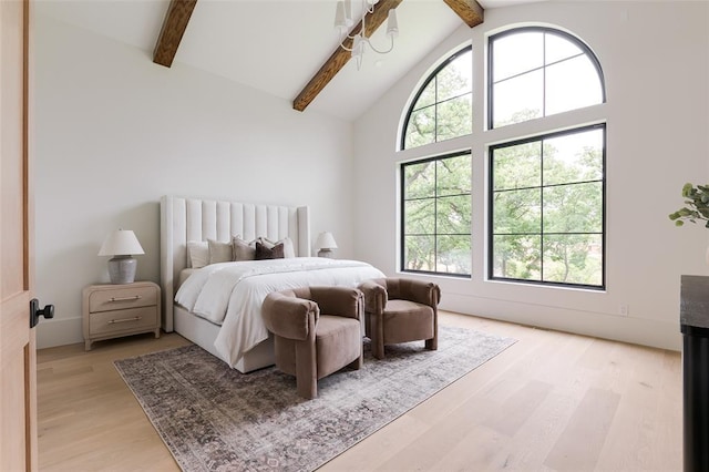 3005 Bee Hive Way, Jones, OK 73049 - bedroom featuring beam ceiling, light wood-style floors, and high vaulted ceiling