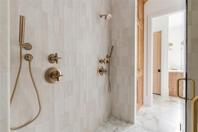 3005 Bee Hive Way, Jones, OK 73049 - bathroom with tiled shower and marble look tile flooring