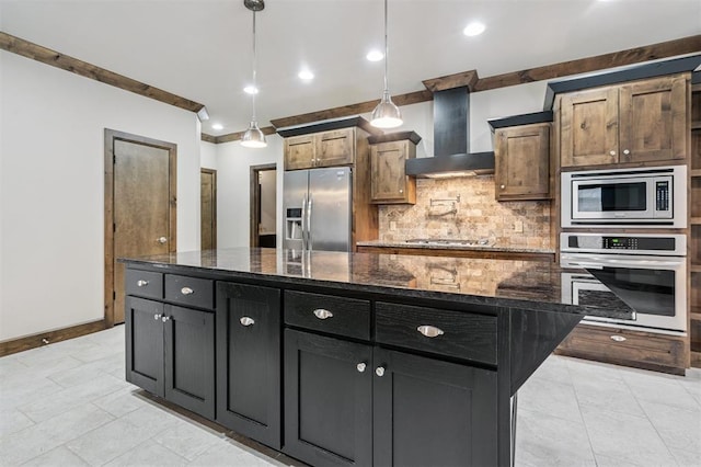 413 Branch Line Rd, Yukon, OK 73099 - kitchen with stainless steel appliances, wall chimney range hood, tasteful backsplash, dark stone counters, and hanging light fixtures