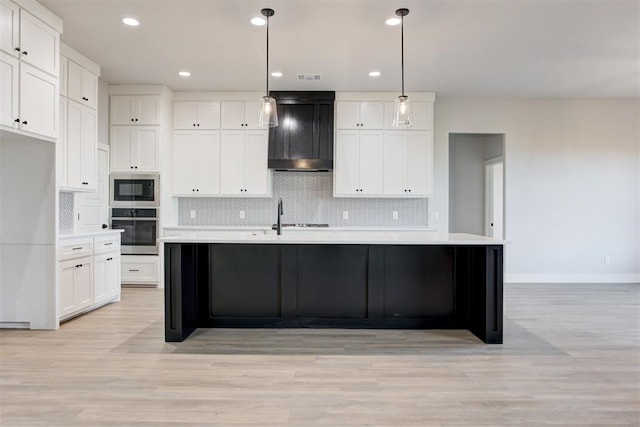 4337 Pinon Ln, Piedmont, OK 73078 - kitchen featuring stainless steel oven, custom range hood, built in microwave, decorative backsplash, and recessed lighting