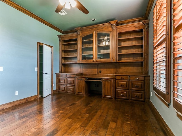 13705 Cascata Strada St, Oklahoma City, OK 73170 - unfurnished office with ceiling fan, ornamental molding, built in study area, and dark wood-style flooring