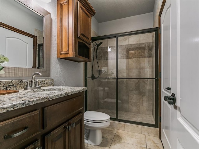 13705 Cascata Strada St, Oklahoma City, OK 73170 - bathroom featuring a shower stall, vanity, tile patterned flooring, and a textured wall