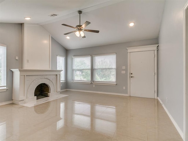 2248 NW 22nd St, Oklahoma City, OK 73107 - unfurnished living room featuring ceiling fan, vaulted ceiling, a brick fireplace, light tile patterned floors, and recessed lighting