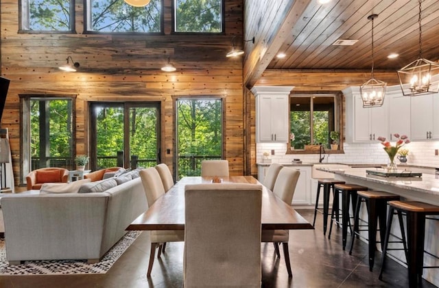 2105 Pine Hills Rd, Broken Bow, OK 74728 - dining area with plenty of natural light, a chandelier, wood ceiling, recessed lighting, and wood walls