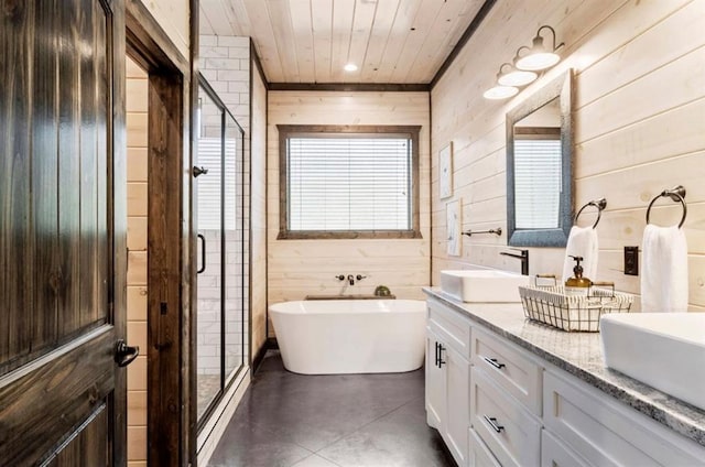 2105 Pine Hills Rd, Broken Bow, OK 74728 - bathroom featuring wooden walls, double vanity, a freestanding bath, a stall shower, and wood ceiling