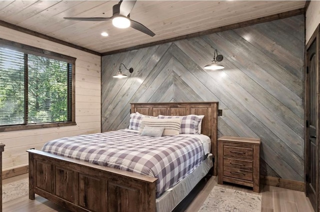 2105 Pine Hills Rd, Broken Bow, OK 74728 - bedroom with wood ceiling, wood walls, light wood-type flooring, and a ceiling fan