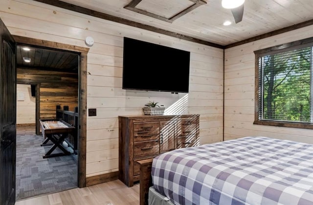 2105 Pine Hills Rd, Broken Bow, OK 74728 - bedroom featuring wood walls, light wood-type flooring, wooden ceiling, and recessed lighting