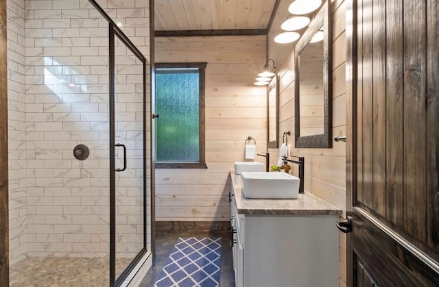 2105 Pine Hills Rd, Broken Bow, OK 74728 - full bathroom with wooden walls, double vanity, wood ceiling, and a shower stall