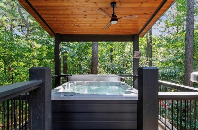 2105 Pine Hills Rd, Broken Bow, OK 74728 - wooden terrace with a hot tub and a ceiling fan