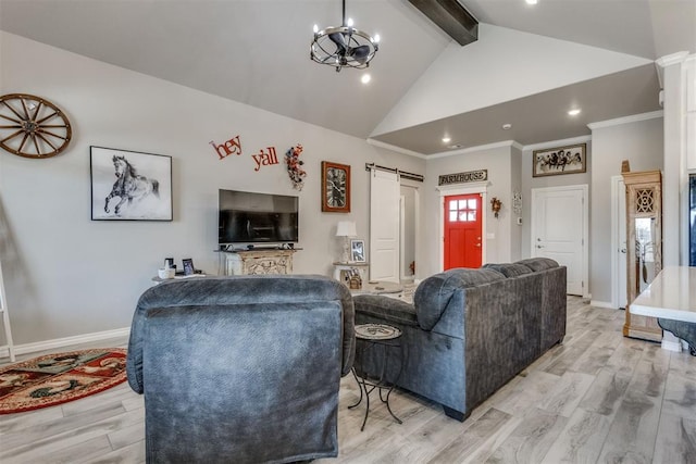 1624 NE 32nd St, Moore, OK 73160 - living area featuring a barn door, beamed ceiling, light wood-type flooring, a chandelier, and high vaulted ceiling