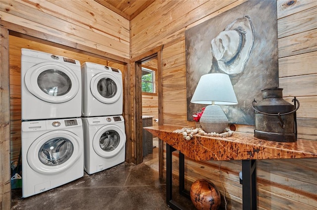 229 Sweet Gum Trl, Broken Bow, OK 74728 - washroom featuring stacked washer / drying machine and wood walls