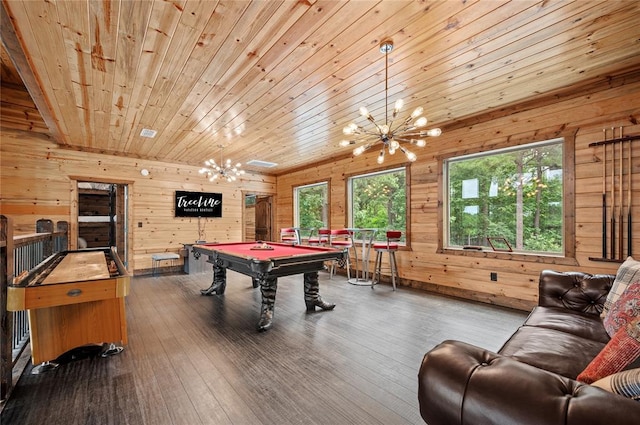 229 Sweet Gum Trl, Broken Bow, OK 74728 - recreation room featuring billiards, a chandelier, wood ceiling, wooden walls, and hardwood / wood-style flooring