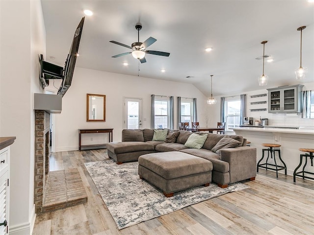 6516 SE 87th St, Oklahoma City, OK 73135 - living room with ceiling fan, light wood-type flooring, lofted ceiling, and recessed lighting