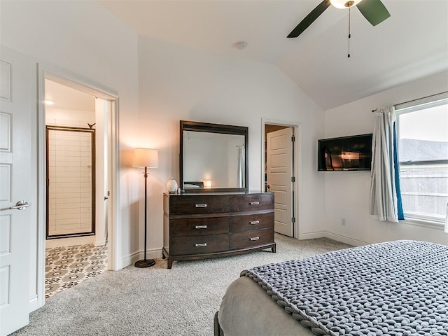 6516 SE 87th St, Oklahoma City, OK 73135 - bedroom with light colored carpet, lofted ceiling, ceiling fan, and connected bathroom