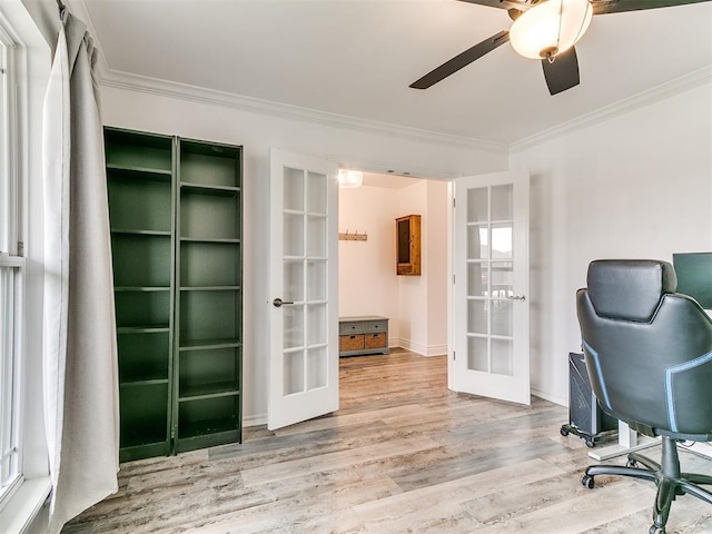 6516 SE 87th St, Oklahoma City, OK 73135 - office space with french doors, ornamental molding, wood finished floors, and a ceiling fan