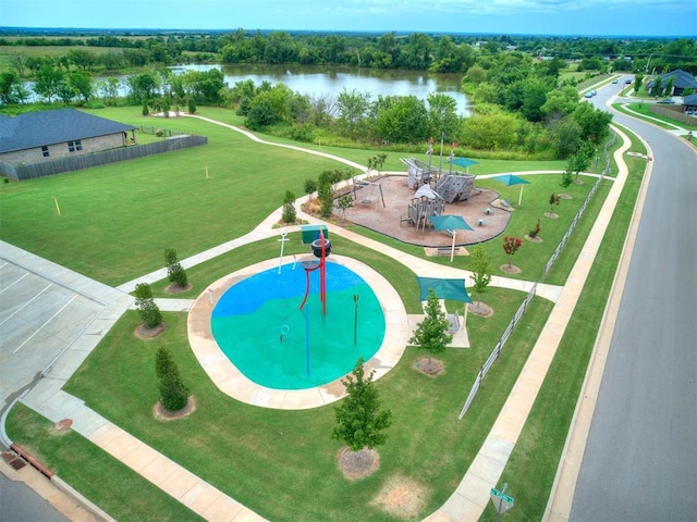 6516 SE 87th St, Oklahoma City, OK 73135 - view of pool with a water view, a lawn, and a patio area