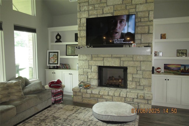 3909 Sorano Dr, Moore, OK 73160 - living area featuring wood finished floors, a stone fireplace, and built in features