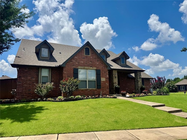 2803 Hidden Prairie Way, Edmond, OK 73013 - view of front of house with brick siding, a front lawn, and roof with shingles
