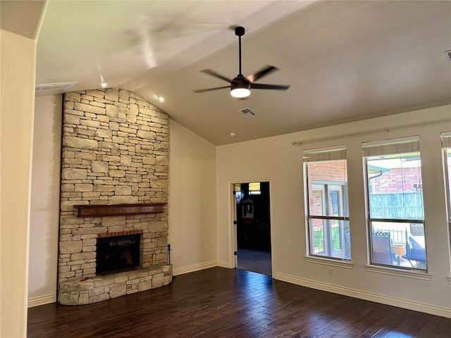 2803 Hidden Prairie Way, Edmond, OK 73013 - unfurnished living room featuring ceiling fan, vaulted ceiling, wood finished floors, and a fireplace