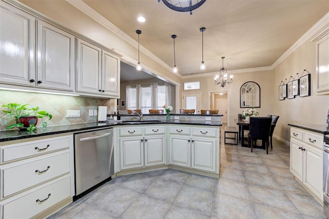 2803 Hidden Prairie Way, Edmond, OK 73013 - kitchen featuring stainless steel dishwasher, dark countertops, a peninsula, a chandelier, and crown molding