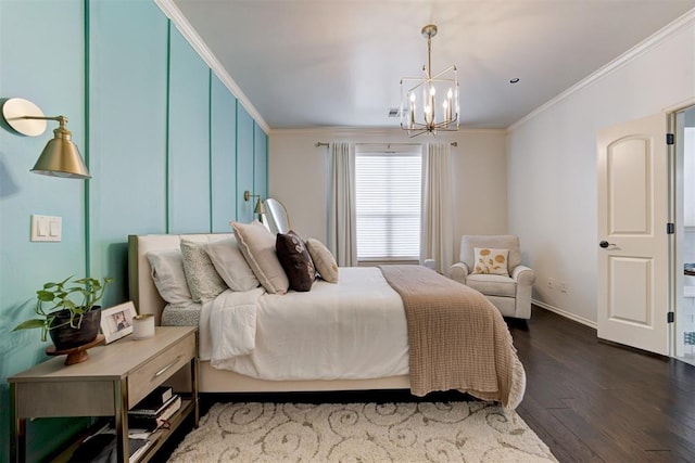 2803 Hidden Prairie Way, Edmond, OK 73013 - bedroom with dark wood-type flooring, a chandelier, and ornamental molding