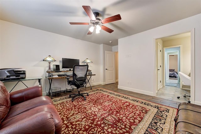 2803 Hidden Prairie Way, Edmond, OK 73013 - office space featuring a ceiling fan and wood finished floors