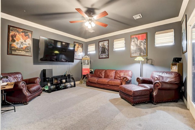 2803 Hidden Prairie Way, Edmond, OK 73013 - carpeted living area with a ceiling fan and crown molding
