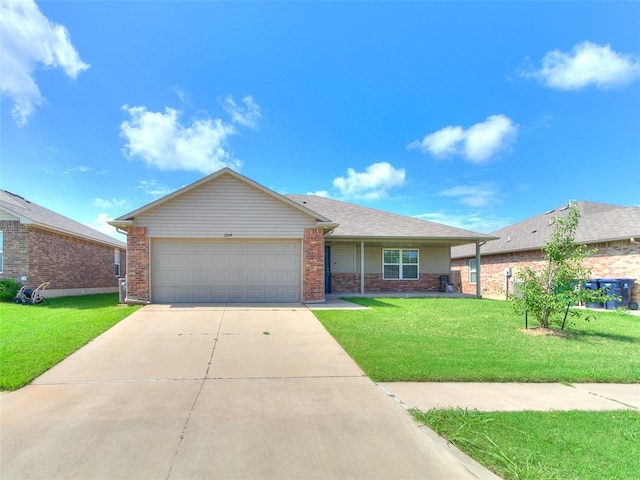11104 NW 99th St, Yukon, OK 73099 - single story home featuring a garage, brick siding, driveway, and a front lawn