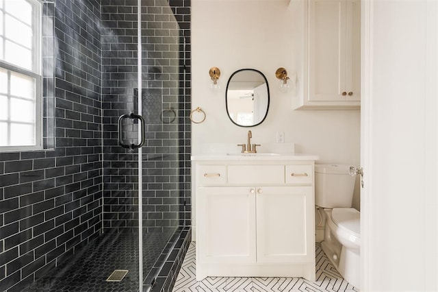 826 NE 18th St, Oklahoma City, OK 73105 - bathroom with a shower stall, vanity, plenty of natural light, and tile patterned floors