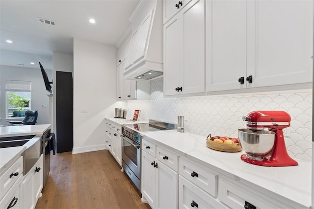 209 Pont Neuf Ct, Edmond, OK 73034 - kitchen with stainless steel appliances, custom exhaust hood, tasteful backsplash, wood finished floors, and white cabinets