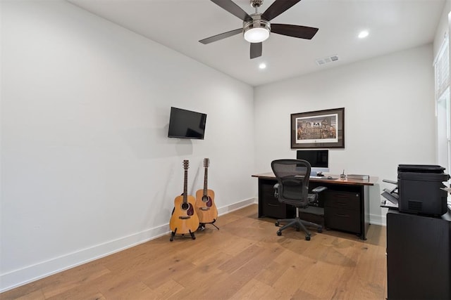 209 Pont Neuf Ct, Edmond, OK 73034 - office with light wood-style flooring, recessed lighting, and ceiling fan