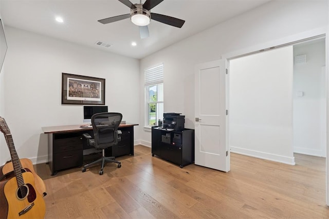 209 Pont Neuf Ct, Edmond, OK 73034 - office area with light wood-type flooring, a ceiling fan, and recessed lighting