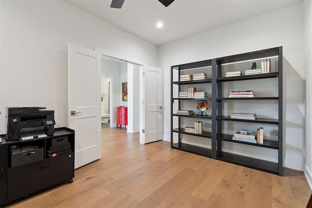 209 Pont Neuf Ct, Edmond, OK 73034 - office featuring light wood finished floors, ceiling fan, and recessed lighting