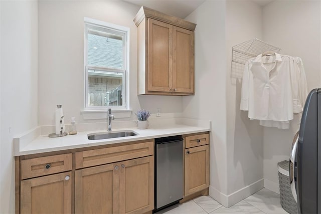 209 Pont Neuf Ct, Edmond, OK 73034 - kitchen with light marble finish floors, light countertops, and refrigerator