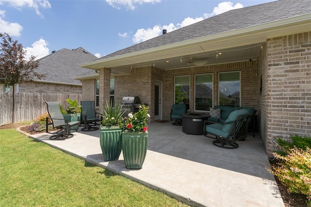 209 Pont Neuf Ct, Edmond, OK 73034 - view of patio / terrace with a ceiling fan, area for grilling, and an outdoor hangout area