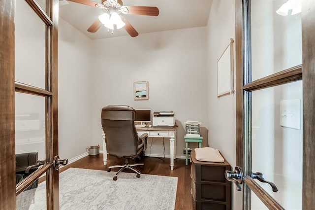 10812 Wild Horse Creek Dr, Yukon, OK 73099 - office space with a ceiling fan and dark wood-style floors