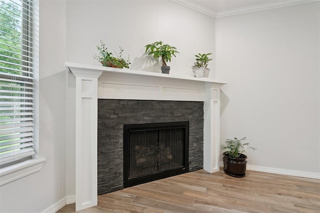 1512 N Kamryn Way, Mustang, OK 73064 - detailed view of a fireplace, wood finished floors, and ornamental molding