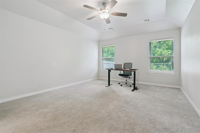 1512 N Kamryn Way, Mustang, OK 73064 - carpeted office space with ceiling fan and vaulted ceiling