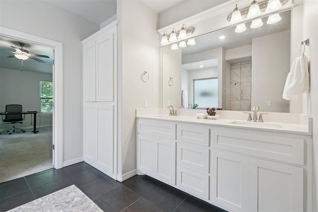 1512 N Kamryn Way, Mustang, OK 73064 - full bathroom featuring double vanity, tile patterned flooring, and a ceiling fan