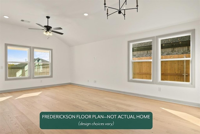 15805 Nighthawk Dr, Moore, OK 73170 - unfurnished room featuring wood finished floors, lofted ceiling, recessed lighting, a ceiling fan, and a chandelier