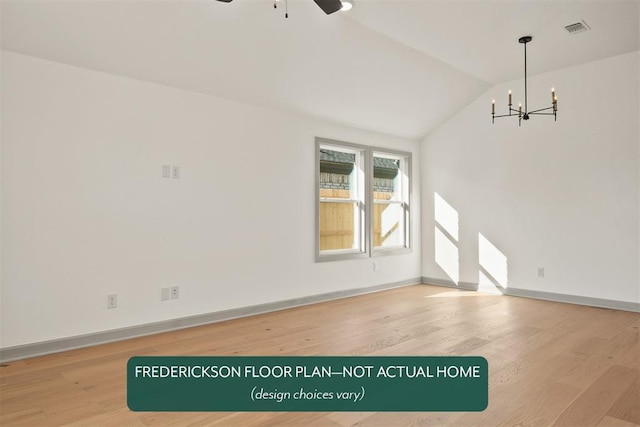 15805 Nighthawk Dr, Moore, OK 73170 - spare room with lofted ceiling, wood finished floors, a chandelier, and a ceiling fan