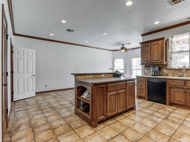 559 Silver Tree Cir, Choctaw, OK 73020 - kitchen featuring dishwasher, ornamental molding, recessed lighting, brown cabinets, and a center island