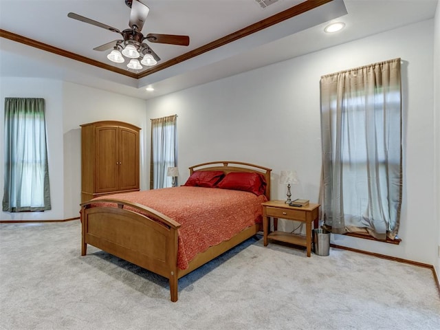 559 Silver Tree Cir, Choctaw, OK 73020 - bedroom featuring ornamental molding, carpet, recessed lighting, and ceiling fan