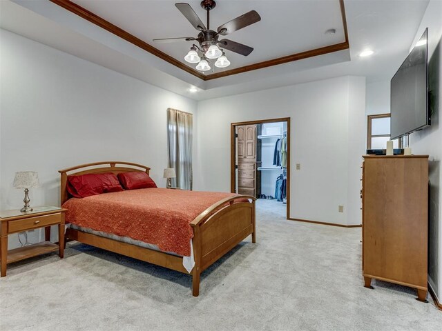 559 Silver Tree Cir, Choctaw, OK 73020 - bedroom featuring a raised ceiling, light carpet, crown molding, recessed lighting, and a ceiling fan
