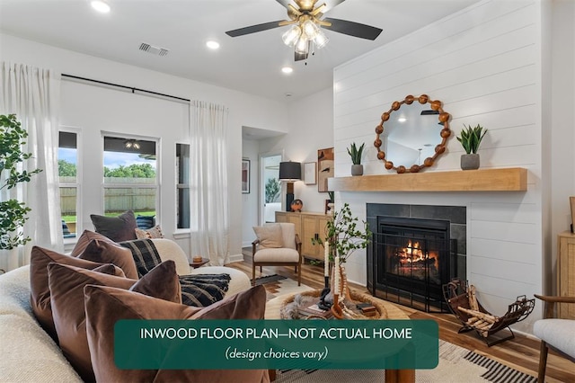 449 Vista Dr, Yukon, OK 73099 - living room featuring wood finished floors, a large fireplace, ceiling fan, and recessed lighting