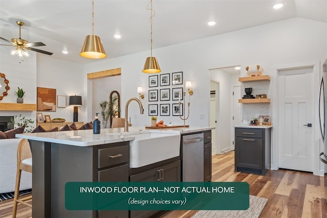 449 Vista Dr, Yukon, OK 73099 - kitchen with dishwasher, a ceiling fan, open floor plan, light wood finished floors, and hanging light fixtures