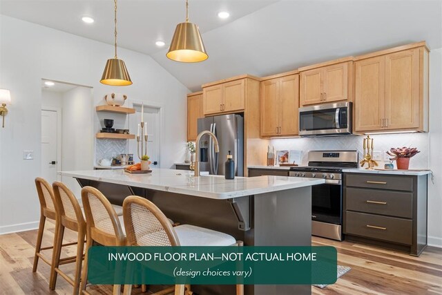 449 Vista Dr, Yukon, OK 73099 - kitchen featuring stainless steel appliances, light brown cabinetry, vaulted ceiling, backsplash, and light wood finished floors
