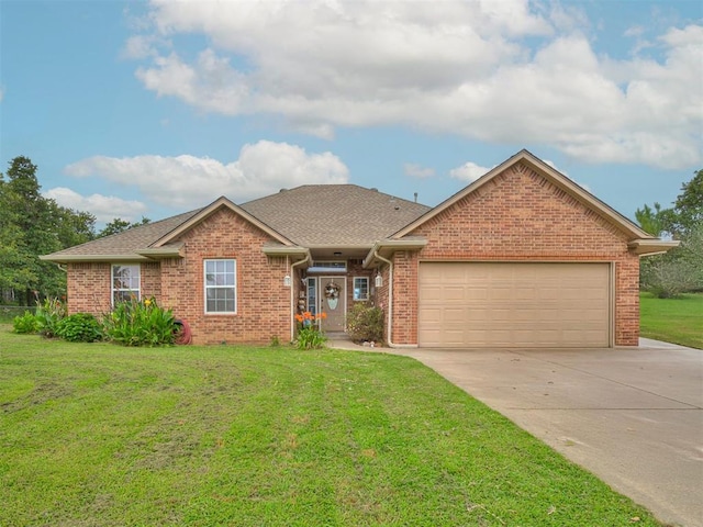 1801 Wagon Trail Blvd, Harrah, OK 73045 - single story home with a garage, brick siding, concrete driveway, a front lawn, and a shingled roof